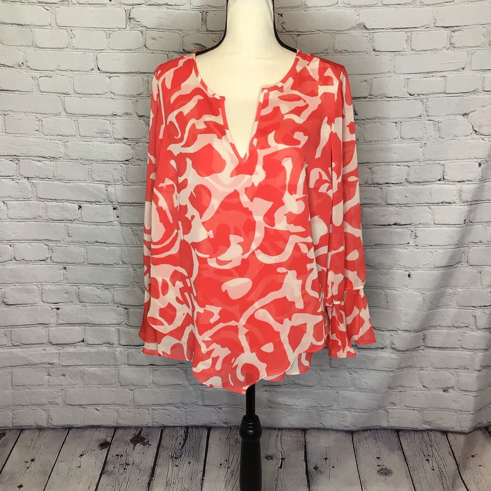 Alfani Red and Cream Crepe Bell Sleeve Blouse 0X